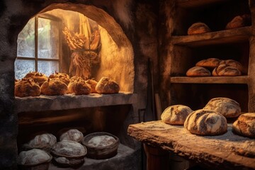 Poster - freshly baked loaves cooling beside a stone oven, created with generative ai