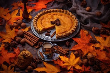 Canvas Print - pumpkin pie surrounded by autumn leaves and cinnamon sticks, created with generative ai