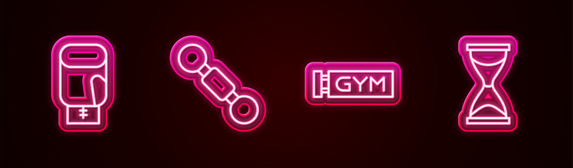 Poster - Set line Boxing glove, Dumbbell, Location gym and Old hourglass. Glowing neon icon. Vector
