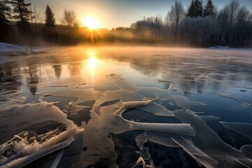 Wall Mural - sunlight breaking through mist over a frozen lake, created with generative ai