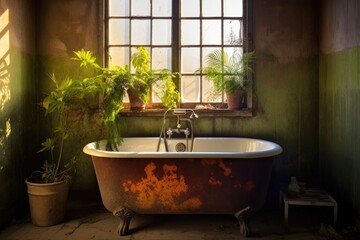 Poster - stained bathtub with plant shadows creating ambiance, created with generative ai