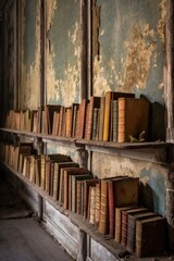 Poster - row of aged, dusty books on a wooden shelf, created with generative ai