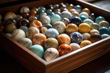 Sticker - close-up of a marble collection in a wooden box, created with generative ai