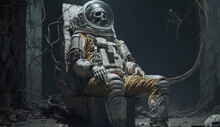 An Astronaut With Visible Veins And Arteries Sitting Unconscious On A Ruined Throne, Desolation, Abandoned. Last Moment In His Life, View Of Universe Trying To Anderstand The Moral Generative AI