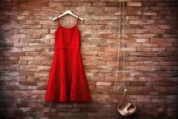 Canvas Print - red dress on hanger against a textured brick wall, created with generative ai