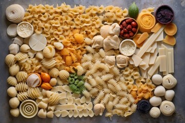 Sticker - various pasta shapes displayed on a marble board, created with generative ai