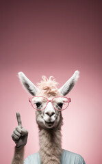 Canvas Print - Funny alpaca llama with glasses, smiling, pointing finger above, to empty copy space vertical banner. Generative AI