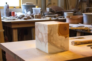 Sticker - marble block ready for sculpting on a workshop table, created with generative ai