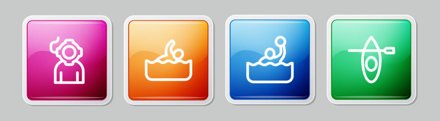 Wall Mural - Set line Aqualung, Swimmer, Water polo and Kayak and paddle. Colorful square button. Vector