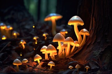 Canvas Print - close-up of glowing mushrooms on forest floor, created with generative ai