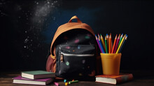 Back To School Concept. Backpack With Books, Notebooks, Colorful Stationery. Education And School Supplies. Blackboard Chalkboard Background For Learning. Stack Of Books And Essentials On Wooden Table