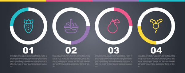 Sticker - Set line Strawberry, Basket and food, Pear and Radish. Business infographic template. Vector