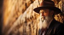 Orthodox Jew Wearing A Hat Praying At Wailing Western Wall In Jerusalem, Israel, Old Town. Ancient Temple Mount Is A Major Jewish Sacred Place, Wall Of Crying. Religious Man. Generative Ai