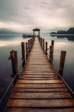 Wooden Pier Stretching Out Over Calm Lake, Created With Generative Ai