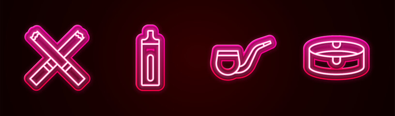 Sticker - Set line Cigarette, Electronic cigarette, No pipe smoking and Ashtray. Glowing neon icon. Vector