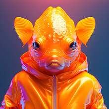 Realistic Lifelike Goldfish Fish In Fluorescent Electric Highlighters Ultra-bright Neon Outfits, Commercial, Editorial Advertisement, Surreal Surrealism. 80s Era Comeback