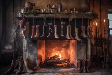 Wall Mural - winter boots with melted snow puddles by fire, created with generative ai