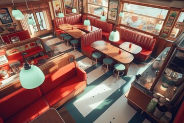 Poster - birds eye view of an empty retro diner interior, created with generative ai