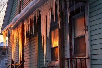 Canvas Print - icicles hanging from a blocked doors roof edge, created with generative ai