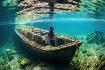 Poster - sunken boat visible beneath clear water, created with generative ai