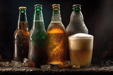 Canvas Print - beer bottles with condensation in ice-filled glass, created with generative ai