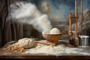 Poster - rising bread dough with a rolling pin and flour nearby, created with generative ai