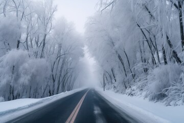 Canvas Print - foggy winter road surrounded by snow-covered trees, created with generative ai