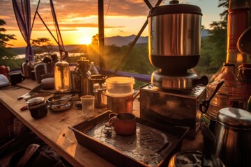 Sticker - coffee brewing on a camp stove with sunrise/sunset, created with generative ai