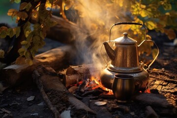 Wall Mural - campfire with cowboy coffee pot in morning light, created with generative ai