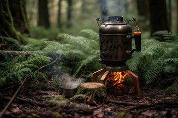 Wall Mural - hot herbal tea poured into an enamel mug near campfire, created with generative ai