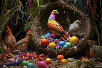 Wall Mural - bowerbirds decorating nests with colorful items, created with generative ai