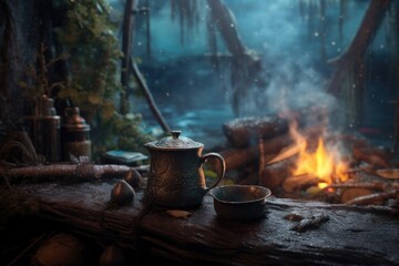 Sticker - steaming mug of mint tea beside a cozy campfire, created with generative ai