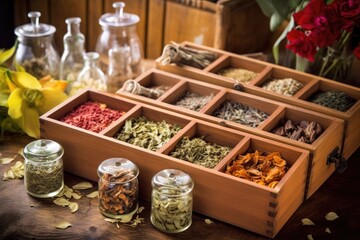 Sticker - herbal tea assortment in wooden box, created with generative ai