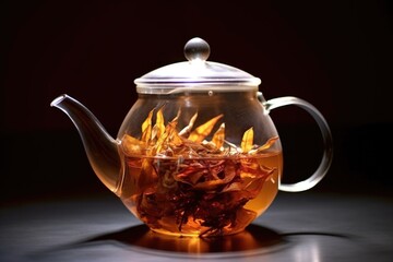 Canvas Print - tea leaves steeping in glass teapot, created with generative ai