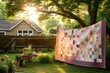 quilt hanging on a clothesline in a peaceful garden, created with generative ai
