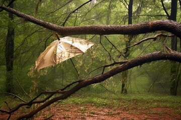 Wall Mural - broken umbrella caught in a tree branch after a storm, created with generative ai