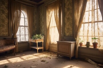 Canvas Print - interior view of a room with a damaged window and curtains, created with generative ai