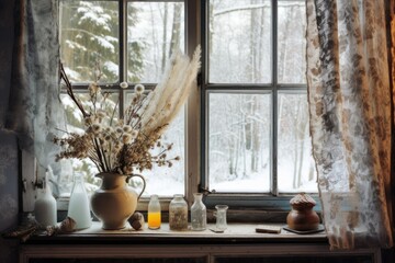 Canvas Print - double-glazed window in winter setting, created with generative ai