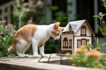 Canvas Print - curious kitten exploring new environment, including model house and garden, created with generative ai