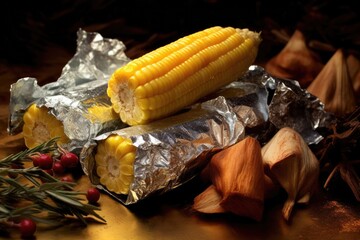 Wall Mural - campfire corn on the cob wrapped in aluminum foil, created with generative ai