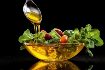 Wall Mural - olive oil dripping from a spoon onto a salad, created with generative ai