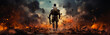 Rear view of a soldier holding a gun. Warrior walking through the battlefield with fire and smoke. Generative AI.
