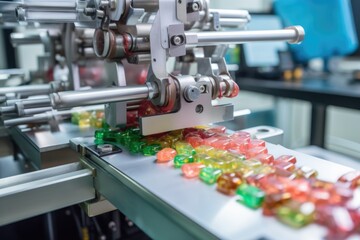 Sticker - detailed view of candy packaging machine in action, created with generative ai