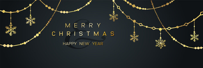 Wall Mural - winter holidays background with golden christmas decorations on dark background. happy new year gree