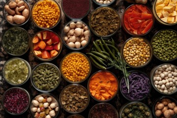 Poster - top view of assorted canned vegetables and spices, created with generative ai