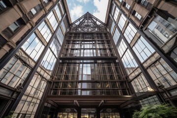 Poster - towering building with intricate details, including glass windows and steel beams, created with generative ai