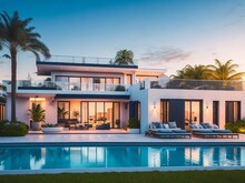 Modern Cozy House With Pool And Parking For Sale Or Rent In Luxurious Style By The Sea Or Ocean. Sunset Evening By The Azure Coast With Palm Trees. Generative AI