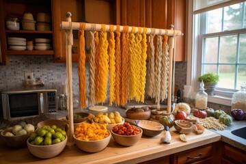 Canvas Print - pasta drying on a wooden rack in the kitchen, created with generative ai