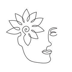 Wall Mural - Abstraction Continuous abstraction line drawing of woman face with flowers. Vector