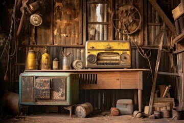 Poster - old radio in rustic barn setting, created with generative ai